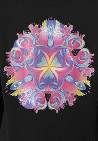 Black fabric features a vibrant, multicolored graphic design with swirling patterns, hearts, eyes, and starburst elements in pink, blue, and yellow.