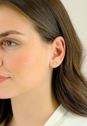 Orecchino a perno floreale dorato su un orecchio di un modello, con superficie texture e piccolo design floreale. I capelli sono scuri e lisci, che incorniciano il viso.