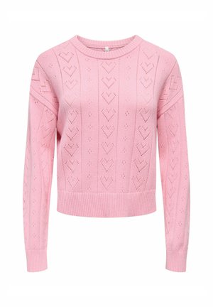 Rosa strikkegenser med hjerte-mønster, ribbede mansjetter og kant, og rund hals. Stoffet virker mykt og teksturert.