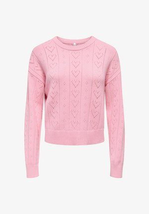 Pink knit sweater featuring a heart pattern, ribbed cuffs and hem, and a round neckline. The fabric appears soft and textured.