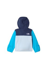 Hanorac din fleece cu glugă și umeri bleumarin, corp albastru deschis și mâneci turcoaz. Prezintă un mic logo pe spate.