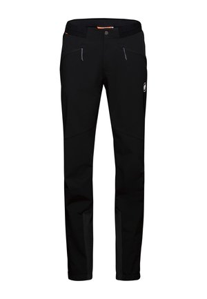 Pantalons de plein air noirs en matériau résistant, dotés de deux poches avant zippées et d'accents texturés au niveau des chevilles.