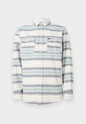 Long-sleeve flannel shirt in light blue, white, and grey stripes, featuring two chest pockets, button closure, and soft texture.