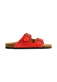 Sandale mule en daim rouge avec deux sangles réglables à boucle, semelle intérieure en liège et semelle noire, vue de profil.