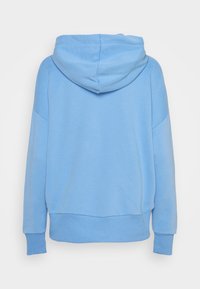 Felpa con cappuccio di colore azzurro, con maniche lunghe e polsini a coste, vista da dietro su uno sfondo bianco.