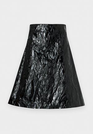 Black shiny crinkled A-line skirt with high waist and smooth waistband, displayed flat against a light background.
