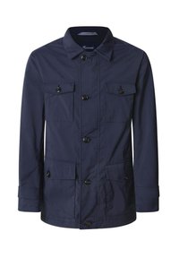 Giacca leggera blu Navy con colletto, chiusura a bottoni, due tasche sul petto e due tasche laterali con chiusura a bottone.