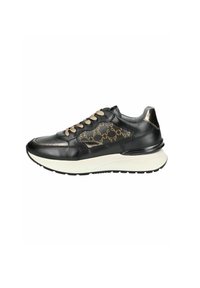 Schwarze Ledersneaker mit goldfarbenen Akzenten, beigen Schnürsenkeln und einer weißen Zwischensohle. Runde Zehenpartie und strukturierte Details an den Seiten.