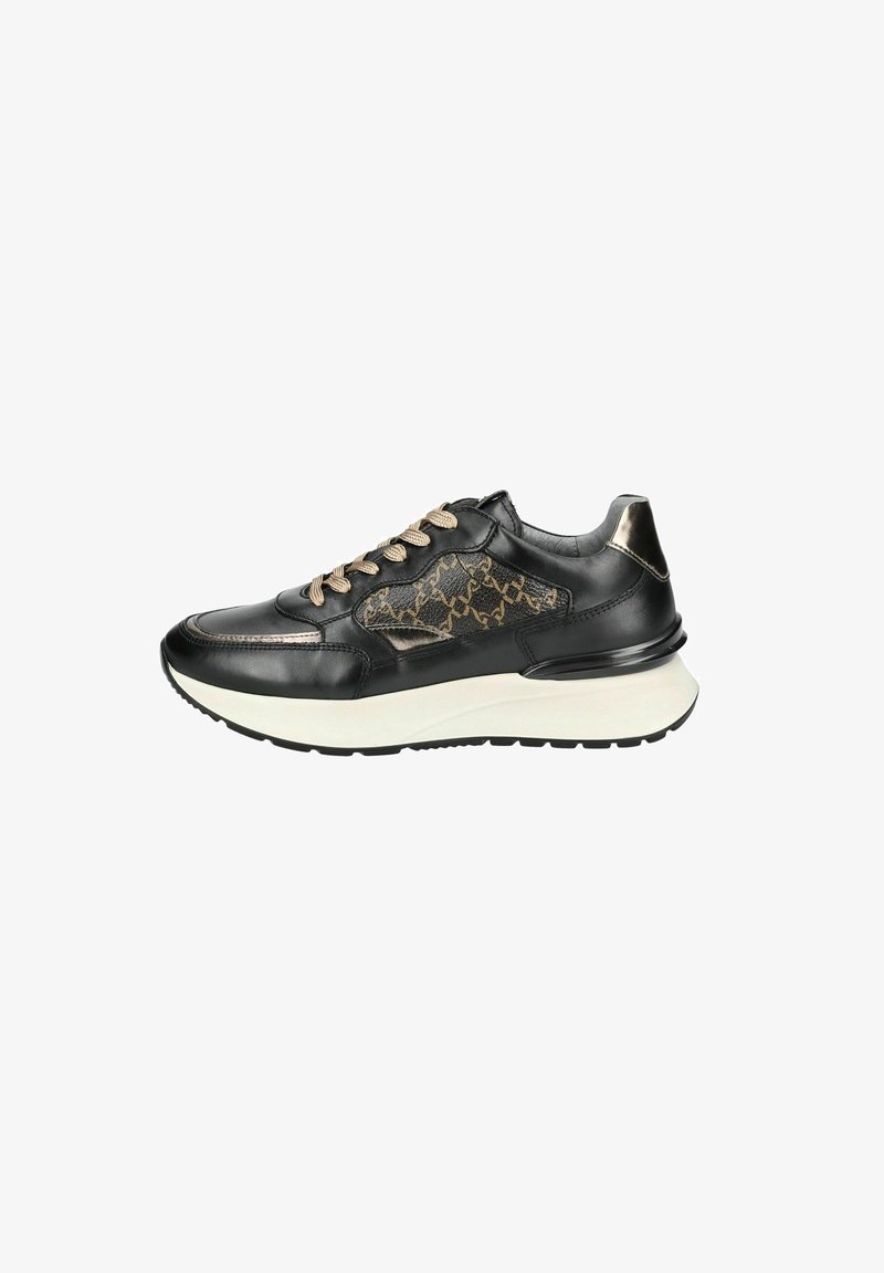 Black leather sneaker with gold-patterned accents, beige laces, and a white midsole. Rounded toe and textured detailing on the sides.