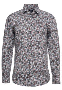 Camicia con motivo floreale bianca, caratterizzata da fiori multicolori in rosso, blu e verde, colletto con bottoni, maniche lunghe e orlo arrotondato.