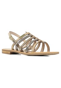 Sandali piatti con cinturini in pelle metallica oro e argento, dotati di una suola piatta, una fibbia per la regolazione e un design con punta aperta.
