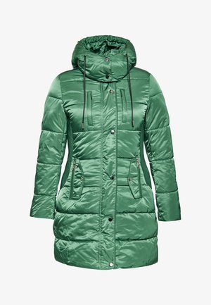 Groene pufferjas met hoge kraag, ritssluitingen aan de zijzakken en een glanzende, gewatteerde textuur met koordjes in de capuchon.