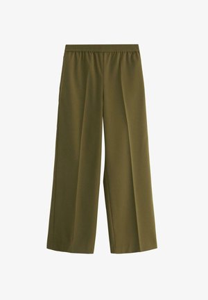 Olivenfarvede wide-leg bukser lavet af blødt stof, med elastisk talje for komfort. Glat tekstur, ingen synlige mønstre eller hardware.