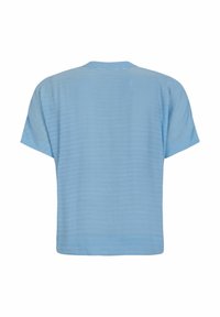 Lichtblauw kortshirt met korte mouwen. Gemaakt van een gestructureerde stof met een relaxte pasvorm, voorzien van een ronde halslijn en een rechte zoom. Achteraanzicht weergegeven.