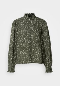 Σκοτεινό πράσινο μπλουζάκι με λουλουδάτο μοτίβο, ψηλό γιακά, κουμπιά μπροστά και μακριά μανίκια με ελαστικές μανσέτες. Μαλακή, ελαφριά υφή υφάσματος.