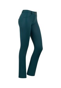 Pantaloni elasticizzati color teal con design aderente. Presentano un elastico in vita con doppio bottone, tasche laterali e una superficie liscia e lucida.
