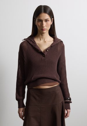 Giovane donna con capelli lunghi e scuri, indossa un maglione marrone lavorato a maglia con bottoni e una gonna marrone, in piedi contro uno sfondo chiaro e semplice.