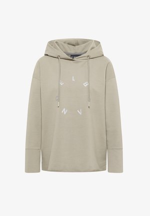 Hellbeige Kapuzenpullover mit lockerem Schnitt, ausgestattet mit Kordelzügen, einem runden weißen Logo und seitlichen Schlitzen am Saum.