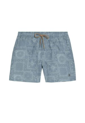 Bañador corto azul claro con discretos estampados de paisley y cuadrados, cintura elástica y cordón marrón en el centro.