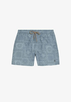 Bañador corto azul claro con discretos estampados de paisley y cuadrados, cintura elástica y cordón marrón en el centro.