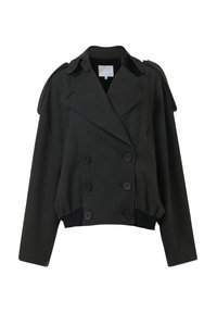 Tweed donkere grijze blazer met dubbele knopen, een opvallende kraag, gestructureerde schouders en een elastische zoom. Gemaakt van een gewoven stof.