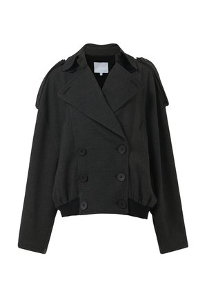 Tweed donkere grijze blazer met dubbele knopen, een opvallende kraag, gestructureerde schouders en een elastische zoom. Gemaakt van een gewoven stof.