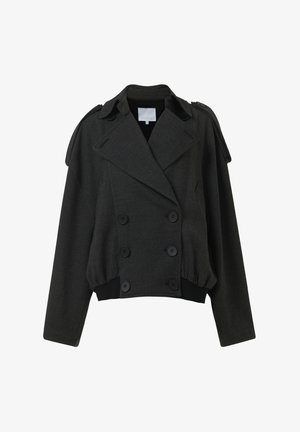 Tweed donkere grijze blazer met dubbele knopen, een opvallende kraag, gestructureerde schouders en een elastische zoom. Gemaakt van een gewoven stof.