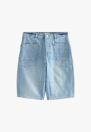 Light blue denim shorts with large front patch pockets, belt loops, and a button closure.