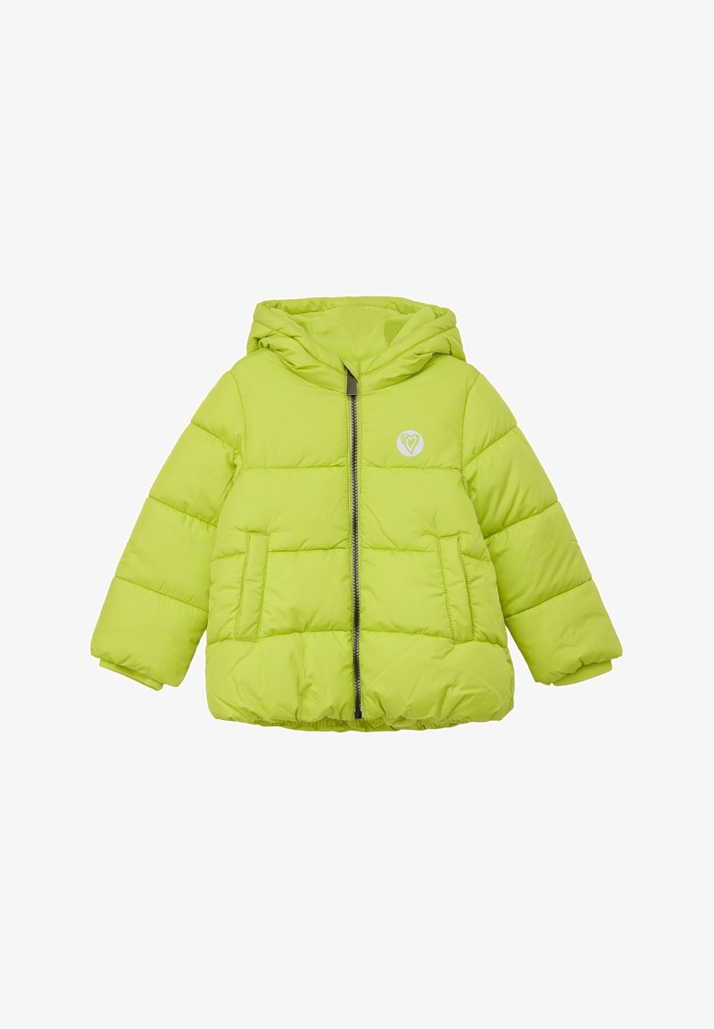 Veste pour enfants matelassée de couleur vert citron vif avec capuche, fermeture éclair à l'avant, poches latérales et petit logo blanc sur le côté gauche de la poitrine.