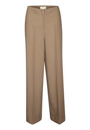 Pantaloni a gamba larga in tessuto marrone chiaro, con una texture liscia, una piega singola sul davanti e una vita aderente.