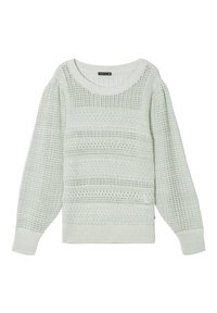 Hellgrüner gestrickter Pullover mit einer atmungsaktiven offenen Maschenstruktur, weitem Rundhalsausschnitt und Puffärmeln. Horizontal gestreiftes Muster und gerippte Bündchen.