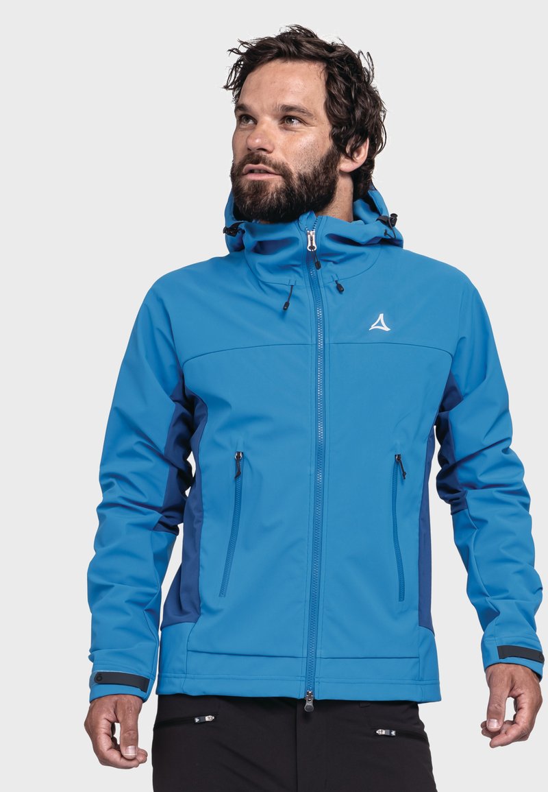 Blaue Softshelljacke mit schwarzen Akzenten, Reißverschlusstaschen und verstellbarer Kapuze. Verfügt über eine glatte Textur und ein figurbetontes Design.
