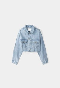Light blue cropped denim jacket with a classic collar, two front pockets, and button closure. Features a slight frayed hem at the bottom.