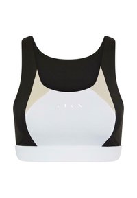 Sportsbh i svart, hvit og beige. Har rund hals, fargeblokkert design og mykt, elastisk stoff. Logo foran.