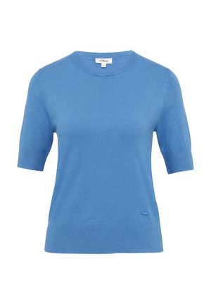 Blauwe korte mouwen sweater van zachte stof, met een ronde halslijn en een klein logo-accent aan de zijkant. Soepele textuur, casual ontwerp.