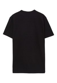 T-shirt nera a maniche corte in cotone, con un design semplice, colletto a girocollo e vestibilità comoda. Superficie liscia senza fantasie.
