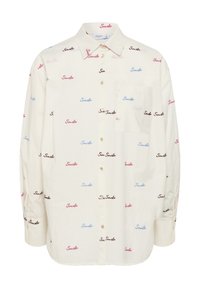 Camicia bianca con bottoni, dotata di taschino, realizzata in tessuto leggero, stampata con "Smile" in testo scritto a mano rosa, blu e nero.
