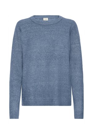 Pulover cu guler rotund, mânecă lungă, de culoare albastră deschisă. Textură moale, croială ușor lejeră, cu manșete și tiv din tricot. Design minimalist, fără modele.