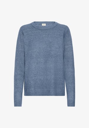 Round-neck, long-sleeve sweater in light blue. Soft texture, slightly loose fit, with ribbed cuffs and hem. Minimalist design, no patterns.