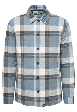 Quilted flannel shirt in blue, gray, and white plaid. Features a collar, buttons down the front, and long sleeves with diamond stitching.