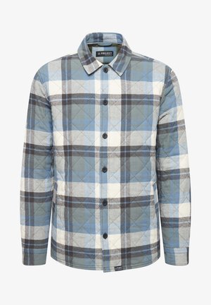 Quilted flannel shirt in blue, gray, and white plaid. Features a collar, buttons down the front, and long sleeves with diamond stitching.