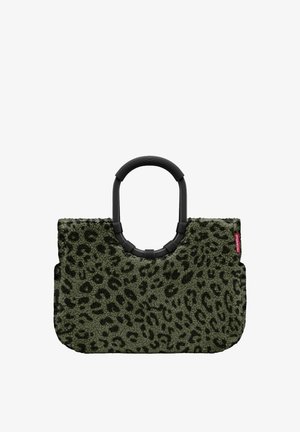 Olijfgroene handtas met zwart luipaardprint, gemaakt van zacht fleece-materiaal, met een ronde zwarte handgreep en een zijlogo-accent.