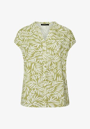 Kortærmet olivengrøn bluse med hvidt tropisk løvmønster, V-hals og knaplukning foran.