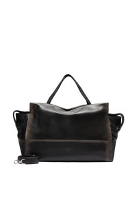 Leder-Duffelbag in einem Farbverlauf von Schwarz zu Braun. Glatte Textur, großes Hauptfach, doppelte Griffe und ein verstellbarer Schultergurt inklusive.