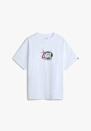 White cotton t-shirt featuring a pink rabbit graphic alongside a black oval with "VANS OFF THE WALL" text in the center. Short sleeves.