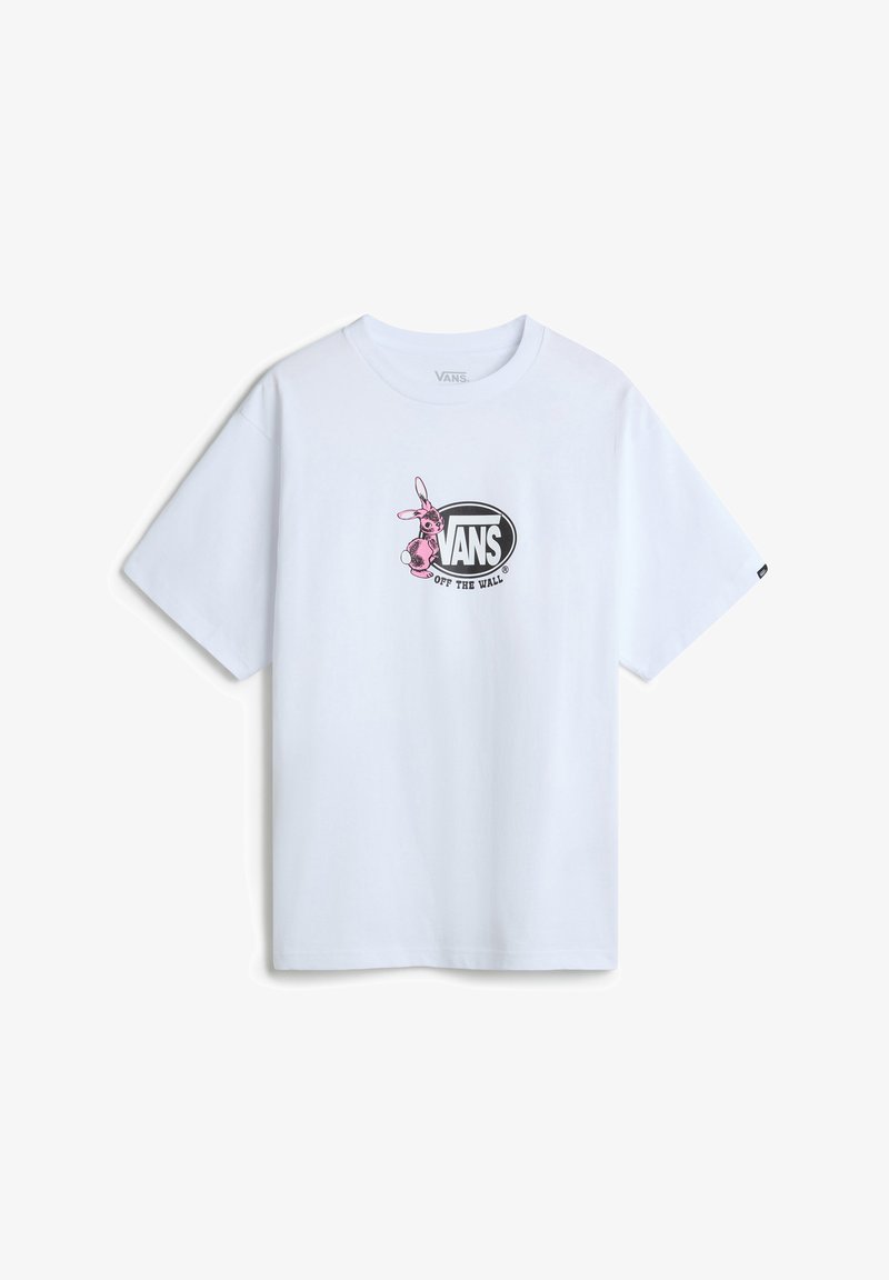 Bílý bavlněný tričko s růžovou grafikou králíka vedle černého oválu s textem "VANS OFF THE WALL" uprostřed. Krátké rukávy.
