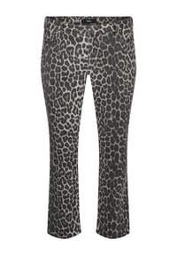 Jeans de estampado de leopardo en gris y negro. Diseño de corte ajustado con cinco bolsillos y cierre de cremallera. Textura de denim suave, con talle medio.