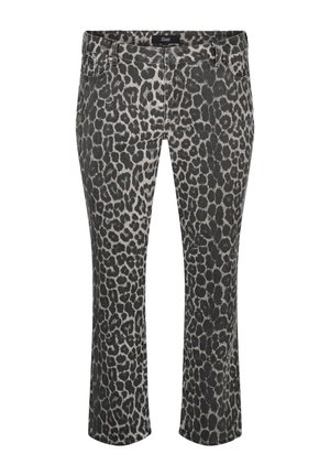 Jeans de estampado de leopardo en gris y negro. Diseño de corte ajustado con cinco bolsillos y cierre de cremallera. Textura de denim suave, con talle medio.