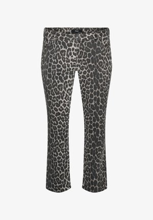 Jeans de estampado de leopardo en gris y negro. Diseño de corte ajustado con cinco bolsillos y cierre de cremallera. Textura de denim suave, con talle medio.