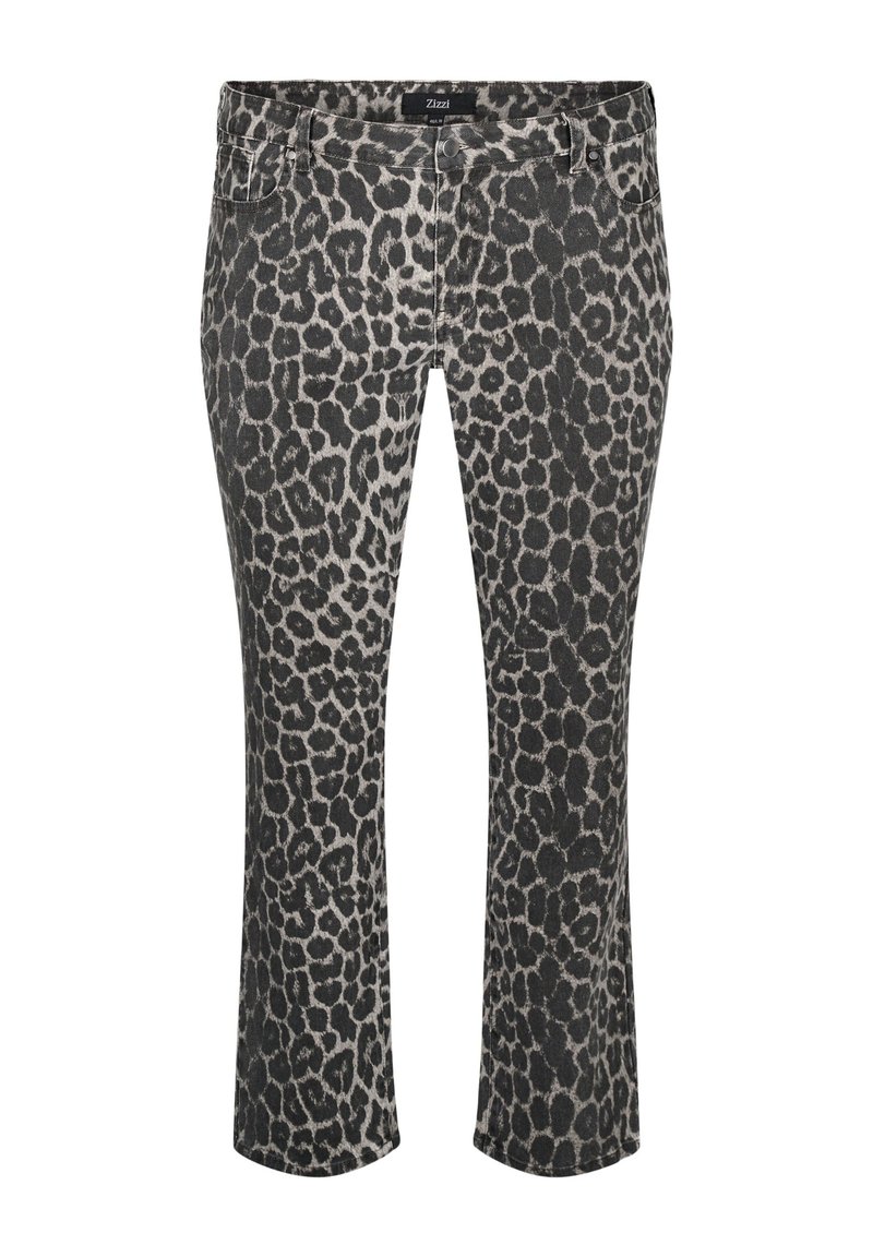 Jeans de estampado de leopardo en gris y negro. Diseño de corte ajustado con cinco bolsillos y cierre de cremallera. Textura de denim suave, con talle medio.